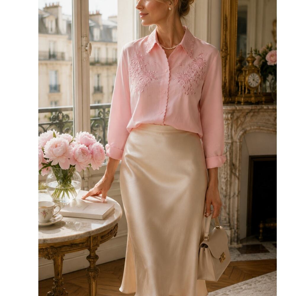Vintage Pink Floral Embroidered Scalloped Trim Button Front Blouse size Medium - Picture 6 of 12